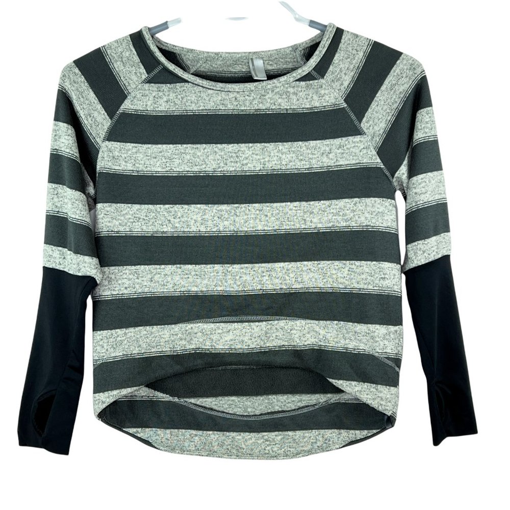 Mondetta Gray Striped Knit High Low Sweater Scuba Material Sleeves Thumbholes L